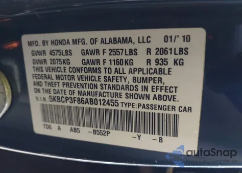 2010 Honda Accord 3.5 Ex-L z USA, uszkodzony, nr VIN 5KBCP3F86AB012455